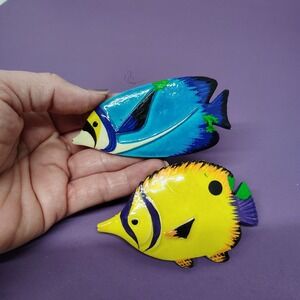 2 Vtg Hair Clips Tropical Fish Barrette Vibrant Yellow Blue Oversize 3.5" 80s 90